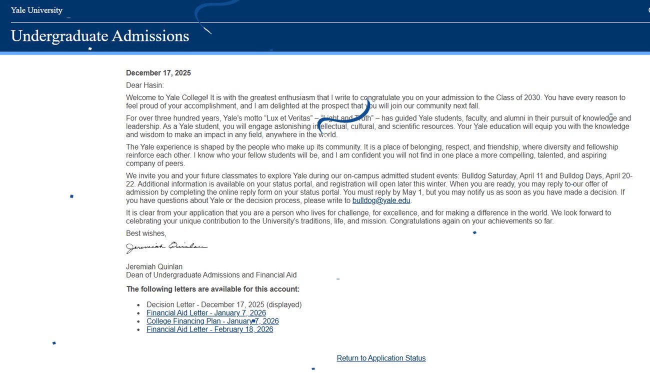 Yale University admission letter screenshot
